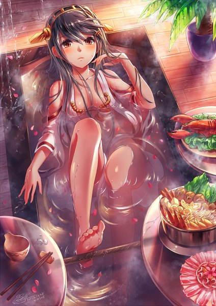 Anime picture 1000x1414 with kantai collection haruna battleship 1991 (blz) single long hair tall image blush fringe light erotic black hair signed indoors lying parted lips barefoot lips wide sleeves legs partially submerged steam