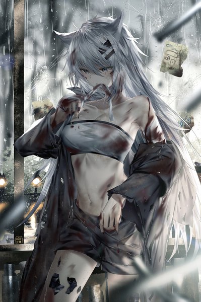 Anime picture 2700x4062 with arknights lappland (arknights) junpaku karen single long hair tall image fringe highres breasts hair between eyes standing holding animal ears looking away cleavage silver hair outdoors blurry off shoulder open clothes