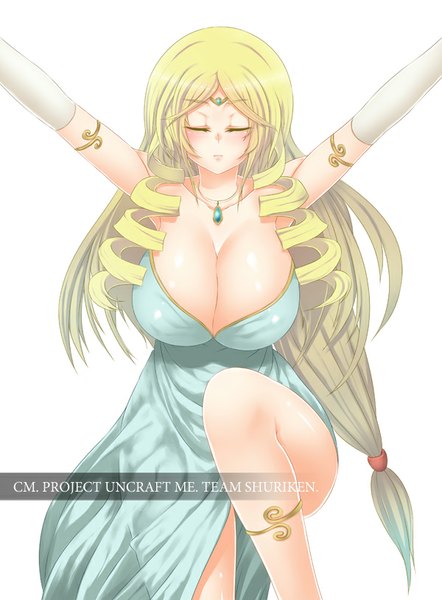 Anime picture 600x814 with uncraft me! (game) ceres (uncraft me!) fuya (tempupupu) single long hair tall image breasts light erotic simple background blonde hair white background bent knee (knees) eyes closed huge breasts girl dress gloves choker elbow gloves