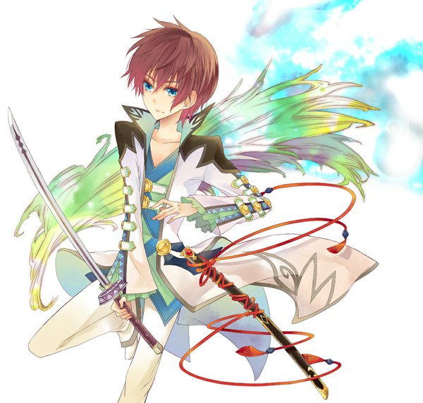 Anime picture 1048x1000 with tales of graces asbel lhant single short hair blue eyes brown hair boy ribbon (ribbons) weapon sword katana suit sheath