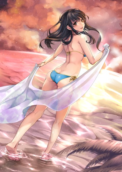 Anime picture 800x1131 with original settyaro single long hair tall image open mouth light erotic black hair standing bare shoulders brown eyes cloud (clouds) full body ass looking back bare legs partially submerged evening sunset horizon