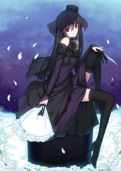 Anime picture 1416x2000 with original kauto single long hair tall image looking at viewer black hair red eyes sitting girl thighhighs dress flower (flowers) black thighhighs petals bouquet knife