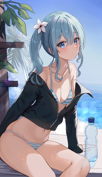Anime picture 2894x5000 with virtual youtuber hololive hoshimachi suisei karu (karusenpai) single long hair tall image looking at viewer blush fringe highres breasts blue eyes light erotic hair between eyes sitting blue hair sky cleavage cloud (clouds)