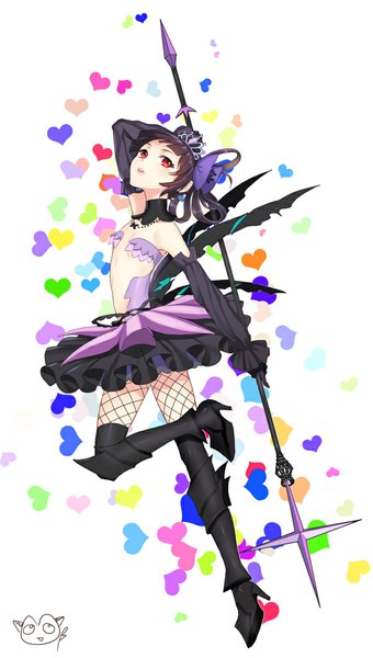 Anime picture 600x1057 with six hearts princess black princess teiue tamaki briska single long hair tall image blush black hair simple background red eyes white background bare shoulders signed girl thighhighs gloves bow weapon black thighhighs