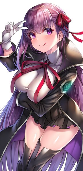 Anime picture 968x2000 with fate (series) fate/grand order bb (fate) (all) bb (fate/extra) syow (syoutamho) single tall image looking at viewer blush fringe breasts light erotic simple background smile hair between eyes large breasts standing white background purple eyes purple hair