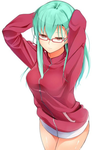 Anime picture 644x1024 with kantai collection suzuya heavy cruiser byte (allbyte) single long hair tall image breasts light erotic simple background white background looking away green hair from above arms up grey eyes no panties arms behind head bottomless bespectacled girl