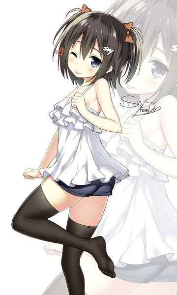 Anime picture 960x1600 with original sky (sky-freedom) sky-freedom single tall image blush short hair brown hair bare shoulders signed one eye closed wink grey eyes two side up zettai ryouiki zoom layer girl thighhighs hair ornament bow