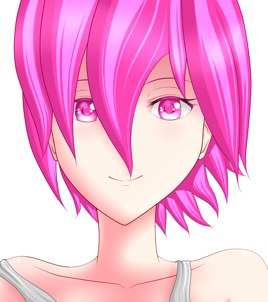 Anime picture 2032x2296 with original aagm single tall image looking at viewer fringe highres short hair simple background smile hair between eyes white background bare shoulders pink hair pink eyes face girl