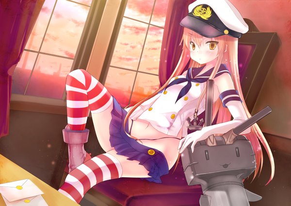 Anime picture 1500x1061 with kantai collection shimakaze destroyer rensouhou-chan kanu (artist) long hair looking at viewer blush light erotic blonde hair yellow eyes girl thighhighs gloves navel weapon miniskirt elbow gloves window striped thighhighs sailor suit