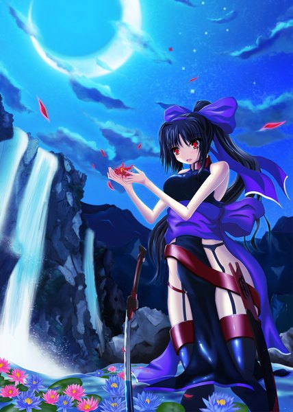Anime picture 1200x1680 with original yui77 (artist) long hair tall image open mouth light erotic black hair red eyes bare shoulders cloud (clouds) ponytail night sky waterfall girl thighhighs flower (flowers) weapon petals sword water