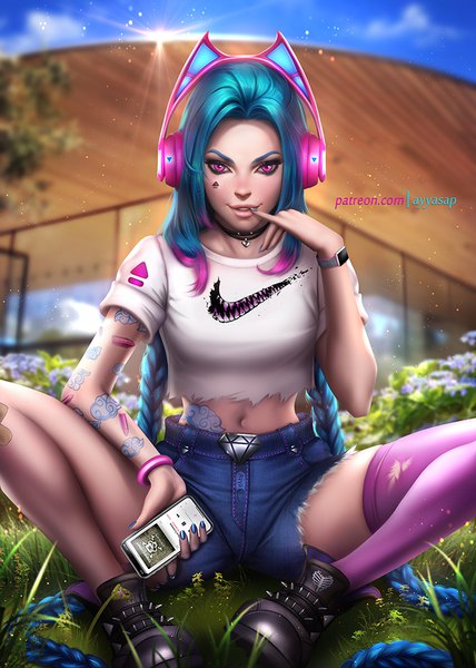 Anime picture 714x1000 with league of legends nike jinx (league of legends) ayyasap single tall image looking at viewer light erotic smile sitting signed blue hair pink hair sky cloud (clouds) full body bent knee (knees) outdoors braid (braids) very long hair