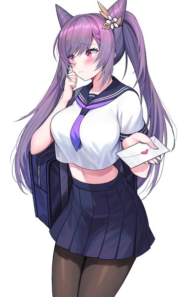 Anime picture 1000x1583 with genshin impact keqing (genshin impact) kyundoo single long hair tall image blush simple background white background purple eyes twintails looking away purple hair pleated skirt midriff hair bun (hair buns) alternate costume embarrassed hand to mouth girl