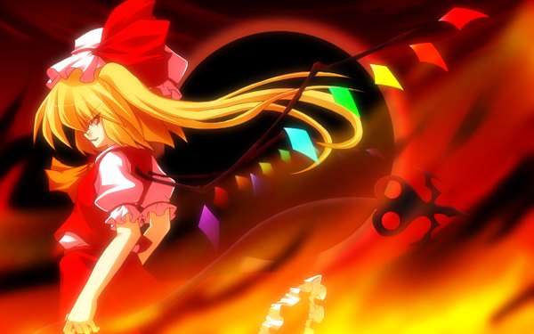 Anime picture 1280x800 with touhou flandre scarlet fuji tooya short hair blonde hair wide image ponytail girl skirt ribbon (ribbons) weapon hat wings skirt set laevatein (touhou)