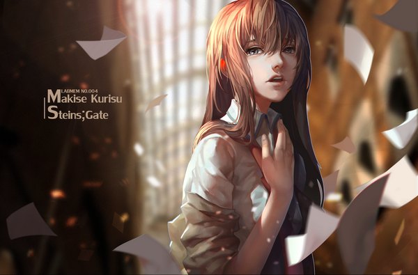Anime picture 1400x923 with steins;gate white fox makise kurisu lightofheaven single long hair looking at viewer open mouth brown hair wind lips realistic inscription teeth grey eyes depth of field copyright name character names hand on chest girl