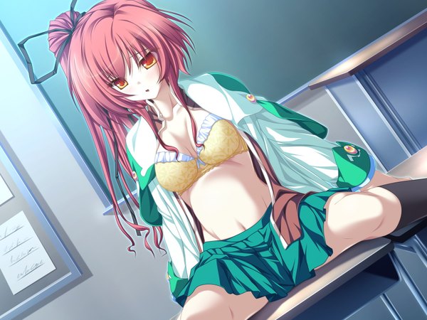 Anime picture 1600x1200 with magus tale whirlpool (studio) seera finis victoria tenmaso single long hair blush breasts open mouth light erotic red eyes sitting game cg ponytail red hair open clothes open shirt side ponytail looking down girl