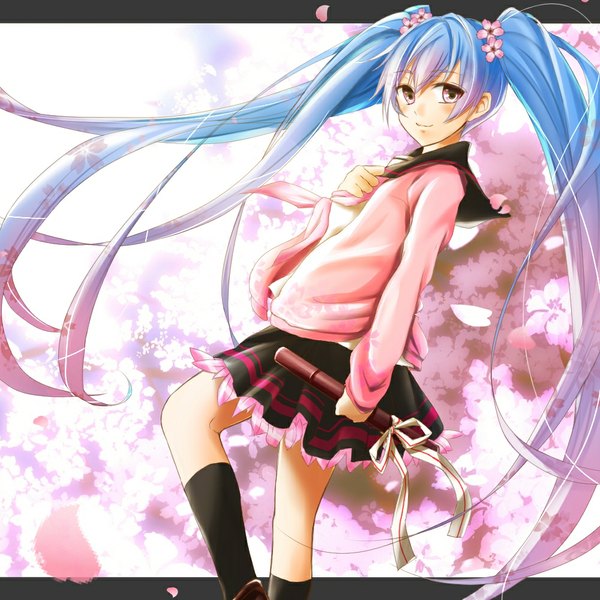 Anime picture 1000x1000 with vocaloid hatsune miku um (g-candy) single looking at viewer smile red eyes twintails blue hair very long hair cherry blossoms letterboxed outside border graduation girl skirt miniskirt petals socks serafuku