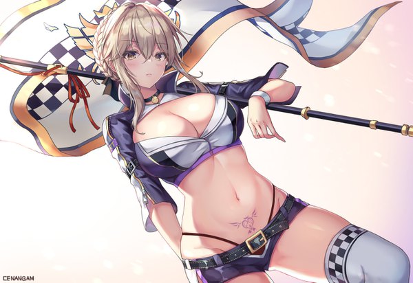 Anime picture 1300x893 with fate (series) fate/grand order artoria pendragon (all) saber alter cenangam single looking at viewer blush fringe short hair breasts light erotic blonde hair simple background hair between eyes large breasts standing holding signed yellow eyes