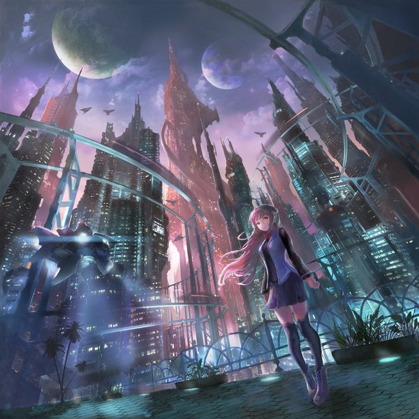 Anime picture 1050x1050 with original denki single long hair fringe standing yellow eyes pink hair outdoors pleated skirt sunlight night night sky city evening sunset cityscape lacing city lights street