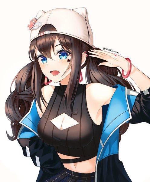 Anime picture 1000x1209 with original eunji0093 single long hair tall image looking at viewer blush fringe breasts open mouth blue eyes light erotic black hair simple background smile hair between eyes white background bare shoulders signed payot