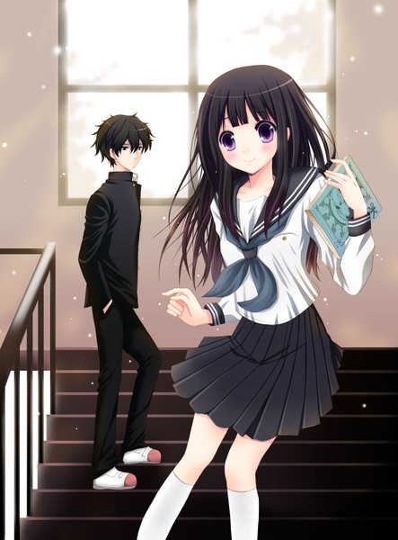 Anime picture 1000x1352 with hyouka kyoto animation chitanda eru oreki houtarou tokora long hair tall image blush short hair black hair smile purple eyes green eyes girl boy skirt miniskirt shirt socks serafuku