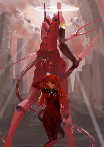 Anime picture 2480x3508 with neon genesis evangelion gainax soryu asuka langley eva 02 asepia single long hair tall image highres blue eyes red hair city salute girl weapon building (buildings) bodysuit eyepatch wire (wires) pilot suit