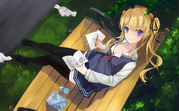 Anime picture 3270x2041 with saenai heroine no sodatekata a-1 pictures sawamura spencer eriri chenran tiantang single long hair looking at viewer blush fringe highres blue eyes blonde hair hair between eyes wide image sitting twintails holding absurdres full body outdoors