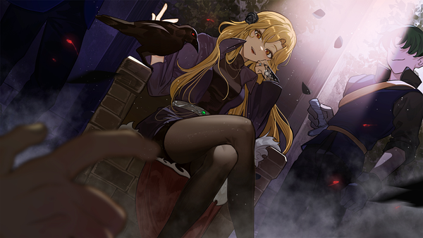 Anime picture 1920x1080 with volcano princess rose (volcano princess) leclle long hair looking at viewer fringe highres open mouth blonde hair hair between eyes wide image sitting brown eyes game cg indoors long sleeves hair flower dutch angle crossed legs solo focus