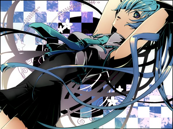 Anime picture 1200x900 with vocaloid hatsune miku single fringe open mouth purple eyes blue hair very long hair hair over one eye armpit (armpits) arms behind head checkered background girl dress flower (flowers) necktie short dress