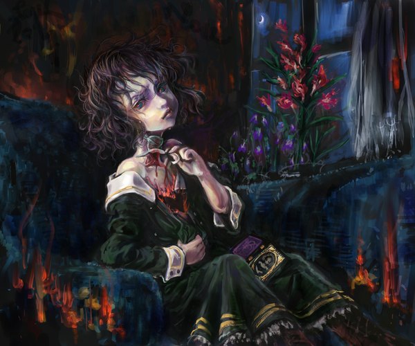 Anime picture 1800x1500 with original densen maniya single looking at viewer highres short hair brown hair sitting bare shoulders green eyes framed crescent girl dress flower (flowers) choker window heart moon blood