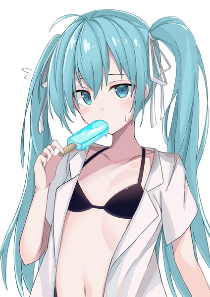 Anime picture 2894x4093 with vocaloid hatsune miku maud0239 single long hair tall image looking at viewer blush fringe highres light erotic simple background hair between eyes white background twintails holding payot upper body ahoge aqua eyes