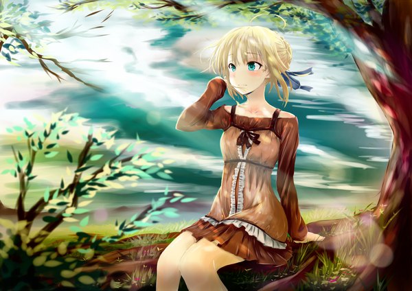 Anime-Bild 4092x2893 mit fate (series) fate/stay night artoria pendragon (all) saber timo wei95 single blush fringe highres short hair breasts blonde hair hair between eyes sitting bare shoulders payot looking away absurdres ahoge bent knee (knees)