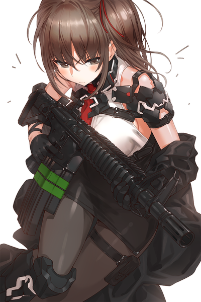 Anime picture 729x1092 with original kfr single long hair tall image blush fringe simple background hair between eyes brown hair white background holding brown eyes side ponytail girl gloves weapon pantyhose black gloves black pantyhose
