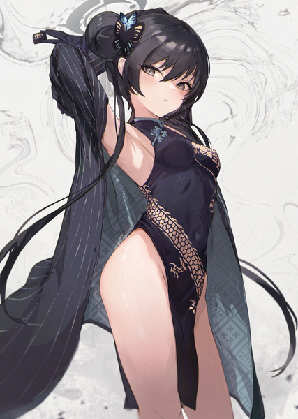 Anime picture 1437x2019 with blue archive kisaki (blue archive) yoyopipa single long hair tall image looking at viewer fringe light erotic black hair hair between eyes standing twintails traditional clothes from below grey eyes hair bun (hair buns) covered navel covered nipples chinese clothes