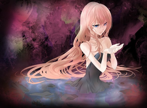 Anime picture 2100x1541 with vocaloid megurine luka naoto single long hair highres blue eyes bare shoulders pink hair girl dress