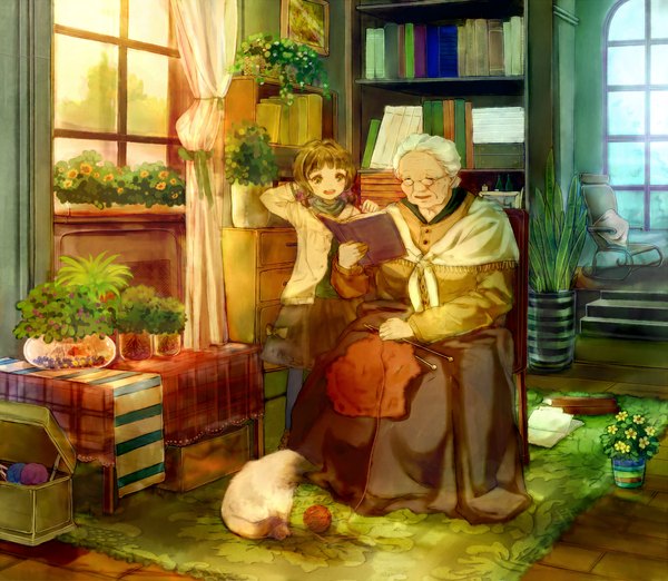 Anime picture 1200x1044 with original bou shaku blush short hair brown hair sitting brown eyes white hair old woman girl skirt flower (flowers) bow plant (plants) glasses window book (books) curtains cat chair