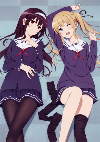 Anime picture 3945x5624 with saenai heroine no sodatekata a-1 pictures kasumigaoka utaha sawamura spencer eriri long hair tall image blush highres open mouth blue eyes black hair blonde hair smile red eyes twintails multiple girls absurdres purple hair one eye closed wink