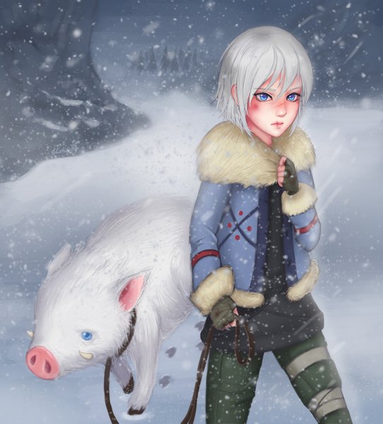 Anime picture 1200x1329 with league of legends sejuani (league of legends) eliskalti single tall image short hair blue eyes silver hair lips snowing scar winter snow footprints girl animal winter clothes