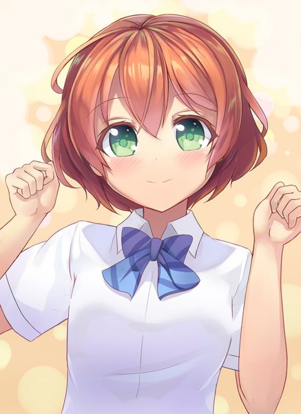 Anime picture 800x1097 with love live! school idol project sunrise (studio) love live! hoshizora rin motokonut single tall image looking at viewer blush fringe short hair smile hair between eyes green eyes upper body orange hair arms up paw pose girl uniform