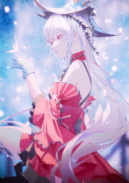 Anime picture 826x1169 with arknights skadi (arknights) skadi the corrupting heart (arknights) byuey single tall image fringe hair between eyes red eyes looking away silver hair profile official alternate costume expressionless girl dress gloves hat detached sleeves red dress
