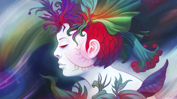 Anime picture 1920x1080 with alextooth single highres wide image signed eyes closed profile face face paint girl plant (plants)