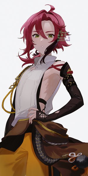 Anime picture 500x1000 with genshin impact shikanoin heizou rowya single long hair tall image fringe simple background hair between eyes white background green eyes ahoge red hair multicolored hair mole from below streaked hair hand on hip mole under eye low ponytail