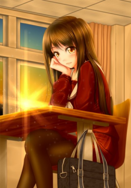 Anime picture 698x1000 with original k2-atelier single long hair tall image looking at viewer blush brown hair sitting yellow eyes crossed legs girl uniform school uniform pantyhose window school bag desk