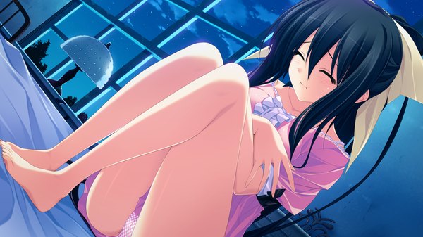 Anime picture 1280x720 with tiny dungeon (game) rosebleu vell sein long hair light erotic black hair wide image game cg eyes closed pantyshot pantyshot sitting girl