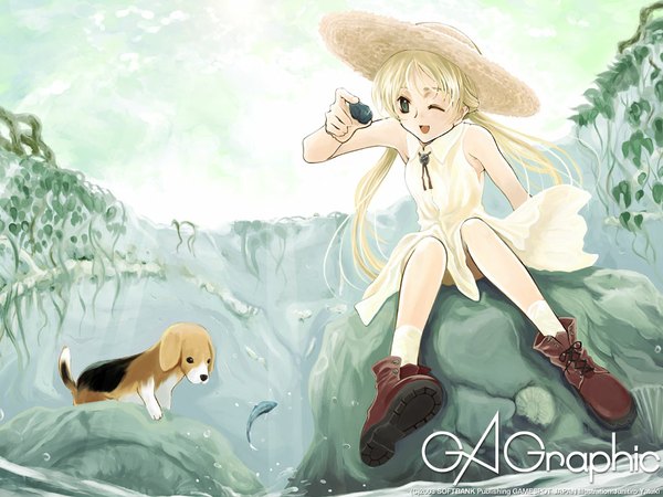 Anime picture 1024x768 with gagraphic yatsuki jun'ichirou single long hair open mouth blonde hair sitting holding green eyes signed looking away sky full body bent knee (knees) outdoors one eye closed happy lace-up boots girl dress