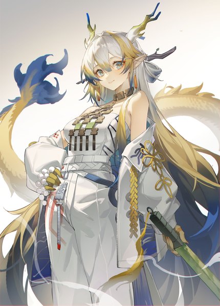 Anime picture 5973x8341 with arknights shu (arknights) madao single tall image looking at viewer fringe highres smile hair between eyes absurdres silver hair tail very long hair horn (horns) pointy ears off shoulder open jacket grey eyes hand on hip
