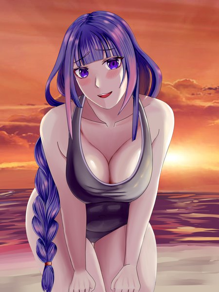 Anime picture 3456x4608 with genshin impact raiden shogun ronikx art single long hair tall image looking at viewer blush fringe highres breasts open mouth light erotic smile large breasts purple eyes absurdres sky cleavage purple hair