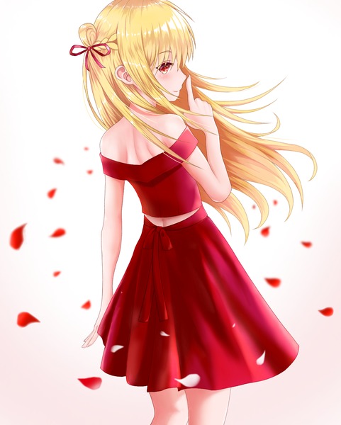 Anime picture 1282x1600 with assassins pride angel melida mitsumoti 8 single tall image looking at viewer blush fringe simple background blonde hair smile hair between eyes red eyes standing white background bare shoulders payot bent knee (knees) braid (braids) looking back