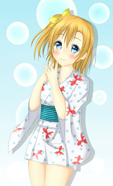 Anime picture 500x820 with love live! school idol project sunrise (studio) love live! kousaka honoka tear yu single tall image looking at viewer blush fringe short hair blue eyes simple background blonde hair smile traditional clothes japanese clothes one side up polka dot hands clasped