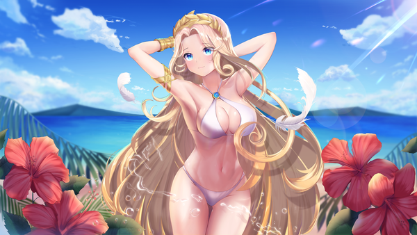 Anime-Bild 4800x2700 mit akashic chronicle rafaela (akashic chronicle) soriham single looking at viewer blush fringe highres breasts blue eyes light erotic blonde hair smile wide image large breasts standing absurdres sky cleavage cloud (clouds)