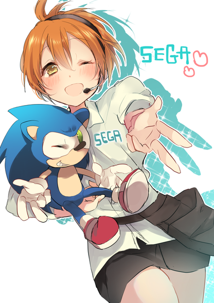 Anime picture 689x978 with love live! school idol project sonic (series) sunrise (studio) love live! hoshizora rin sonic the hedgehog miseinen tall image looking at viewer blush fringe short hair open mouth simple background white background green eyes yellow eyes one eye closed wink orange hair